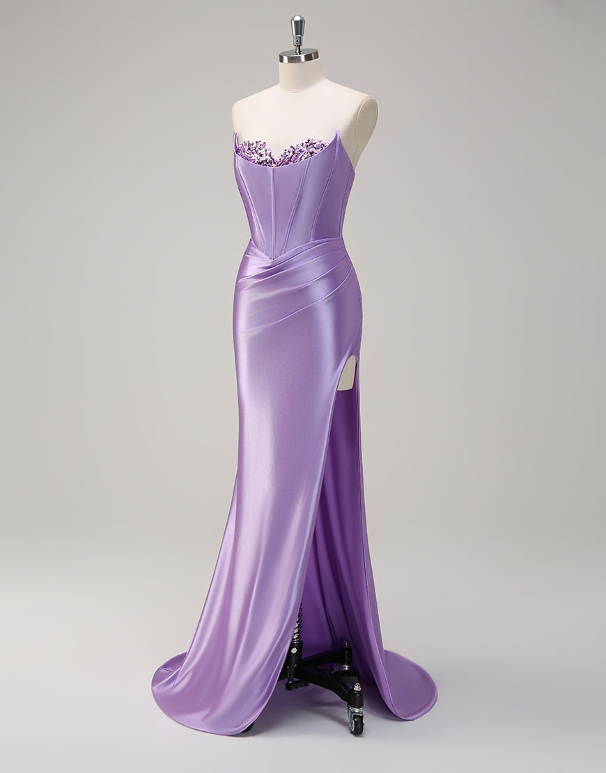 Robe de bal sirène à col bateau et cristaux avec fente