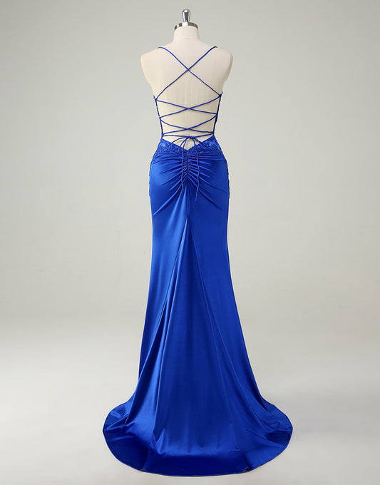 Robe de bal sirène bleu royal à col bateau et appliques froncées