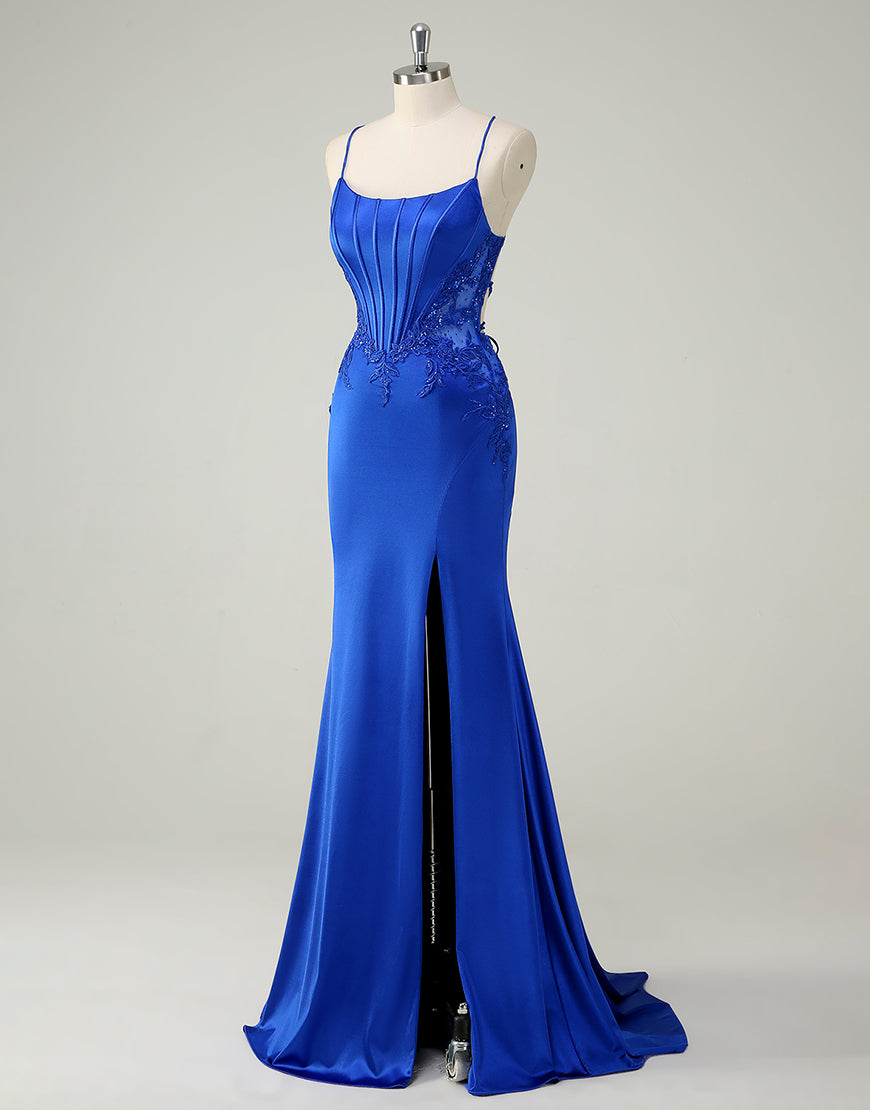 Robe de bal sirène bleu royal à col bateau et appliques froncées