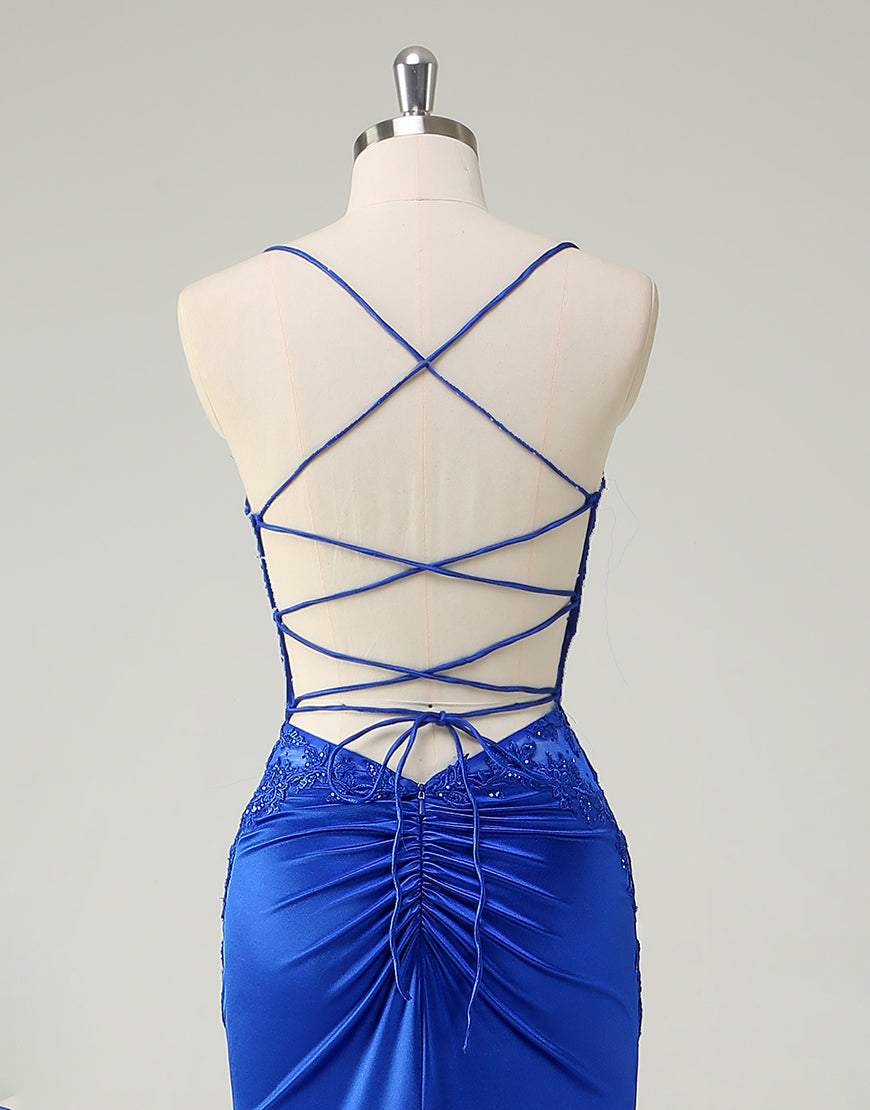 Robe de bal sirène bleu royal à col bateau et appliques froncées