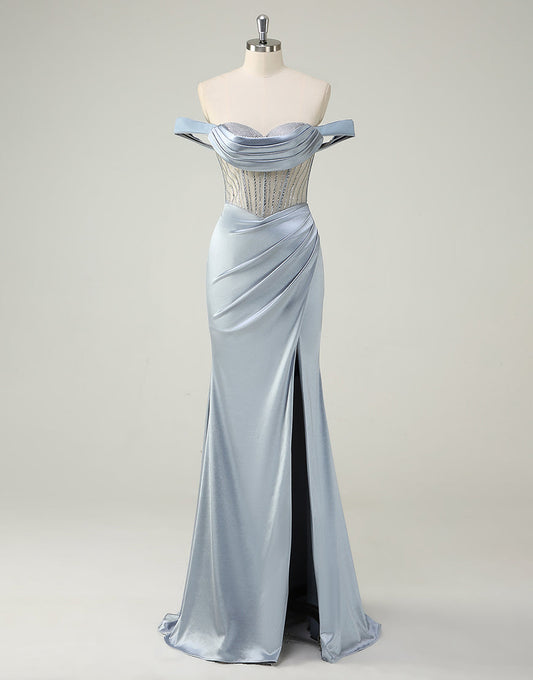 Robe de bal sirène bleu poudré sans bretelles avec perles et fronces