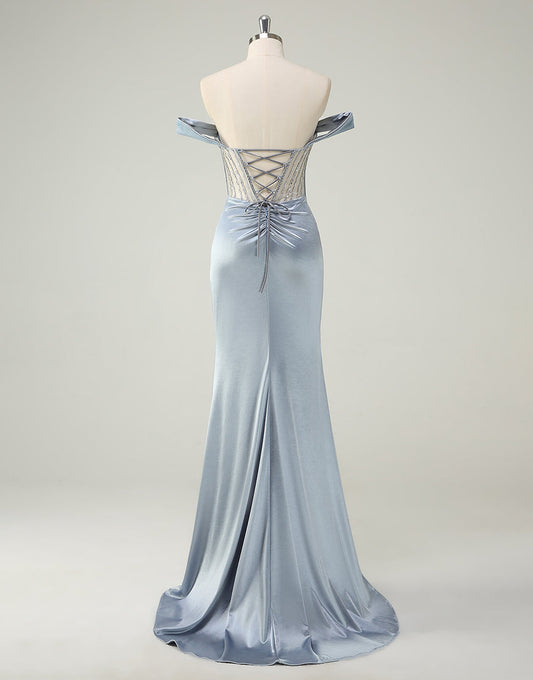 Robe de bal sirène bleu poudré sans bretelles avec perles et fronces