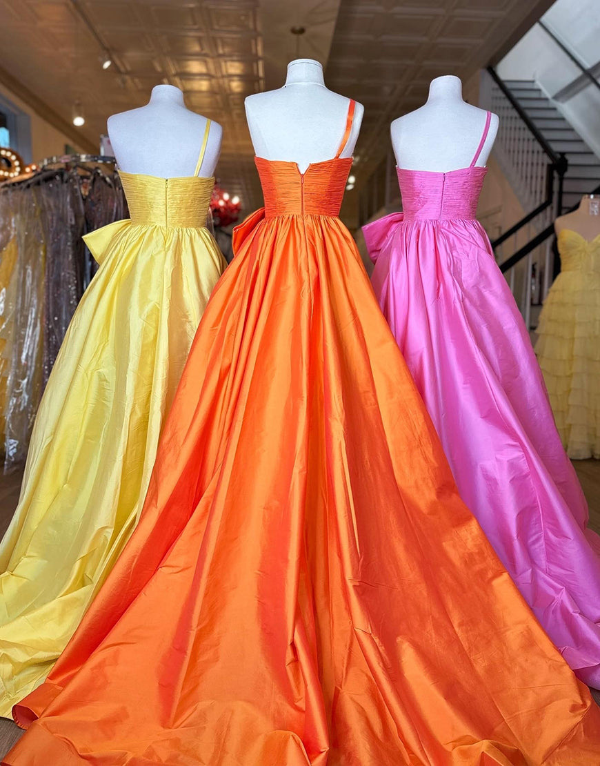 Robe de bal longue en satin bleu royal à une épaule et coupe trapèze avec nœud