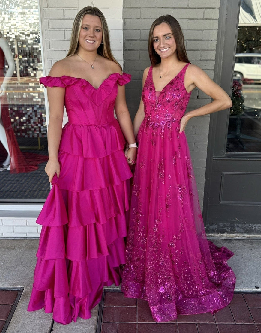 Robe de bal longue fuchsia à épaules dénudées et fente