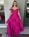 Robe de bal longue fuchsia à épaules dénudées et fente