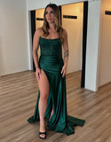 Robe de bal longue sirène sans bretelles vert foncé avec appliques