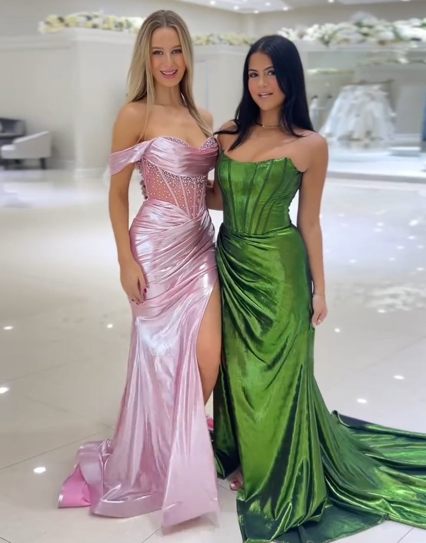 Robe de bal longue froncée sans bretelles style sirène vert foncé avec fente
