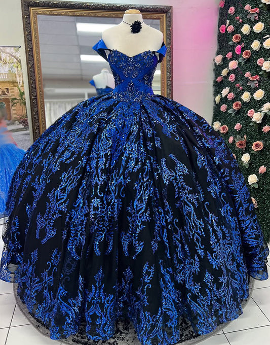 Robe de princesse Quinceanera bleu royal scintillante à épaules dénudées avec paillettes et appliques