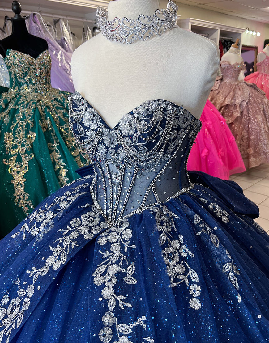 Robe de Quinceanera en tulle bleu marine scintillante avec épaules dénudées et appliques