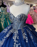 Robe de Quinceanera en tulle bleu marine scintillante avec épaules dénudées et appliques
