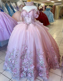 Robe de Quinceanera en tulle à épaules dénudées et traîne avec appliques et fleurs roses