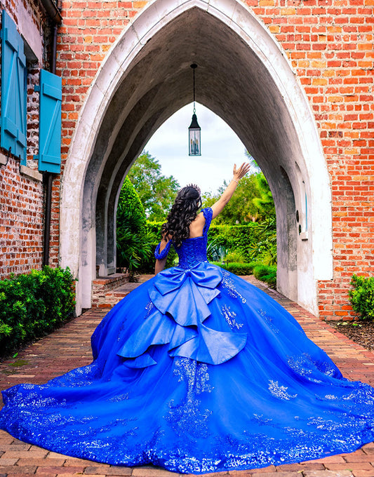 Robe de Quinceanera en tulle bleu royal avec appliques à paillettes et épaules dénudées