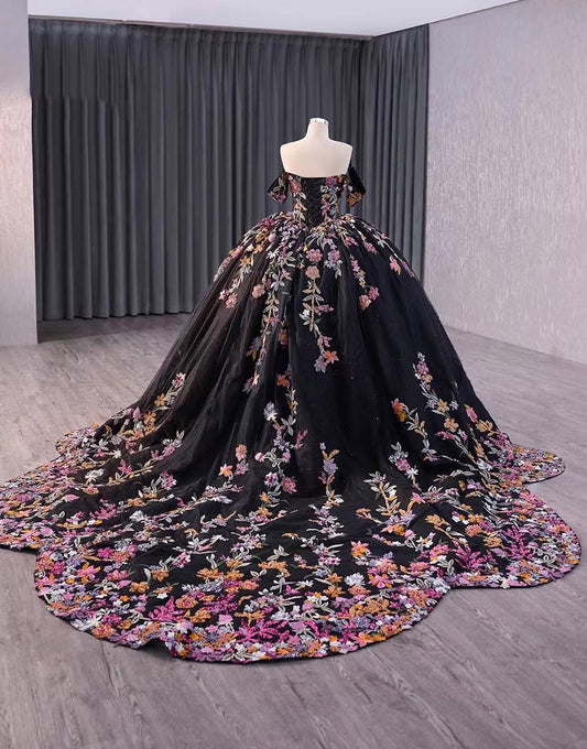 Robe de princesse noire à épaules dénudées et broderies appliquées