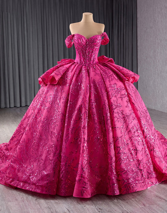 Robe de princesse Quinceanera à paillettes fuchsia scintillantes sans bretelles avec perles