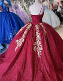 Robe de princesse Quinceanera à paillettes et bretelles spaghetti bordeaux scintillantes