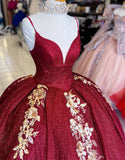 Robe de princesse Quinceanera à paillettes et bretelles spaghetti bordeaux scintillantes