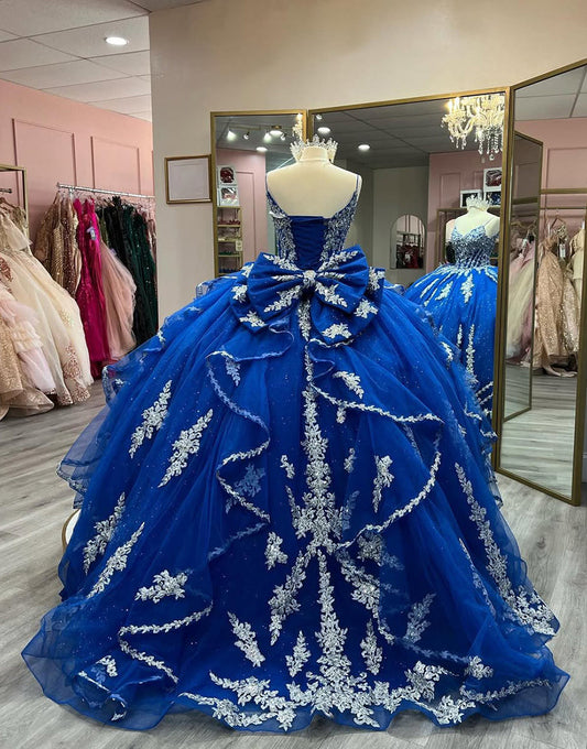 Robe de princesse Quinceanera en tulle bleu royal à bretelles spaghetti et appliques