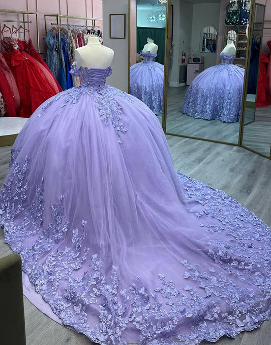 Robe de bal en tulle à épaules dénudées et appliques lilas