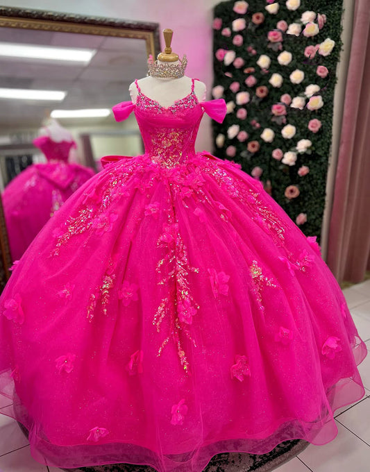 Robe de bal en tulle fuchsia à appliques spaghetti et nœud