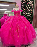 Robe de bal en tulle fuchsia à appliques spaghetti et nœud