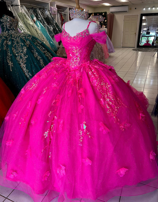 Robe de bal en tulle fuchsia à appliques spaghetti et nœud