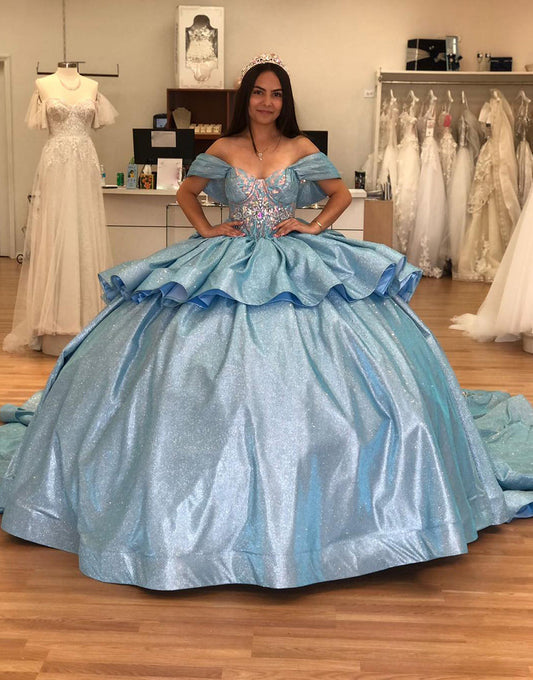 Robe de princesse Quinceanera à paillettes grises et bleues à épaules dénudées