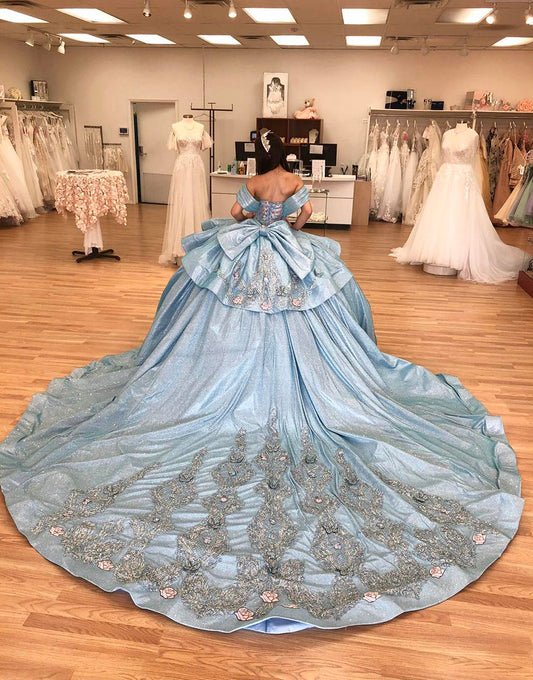 Robe de princesse Quinceanera à paillettes grises et bleues à épaules dénudées