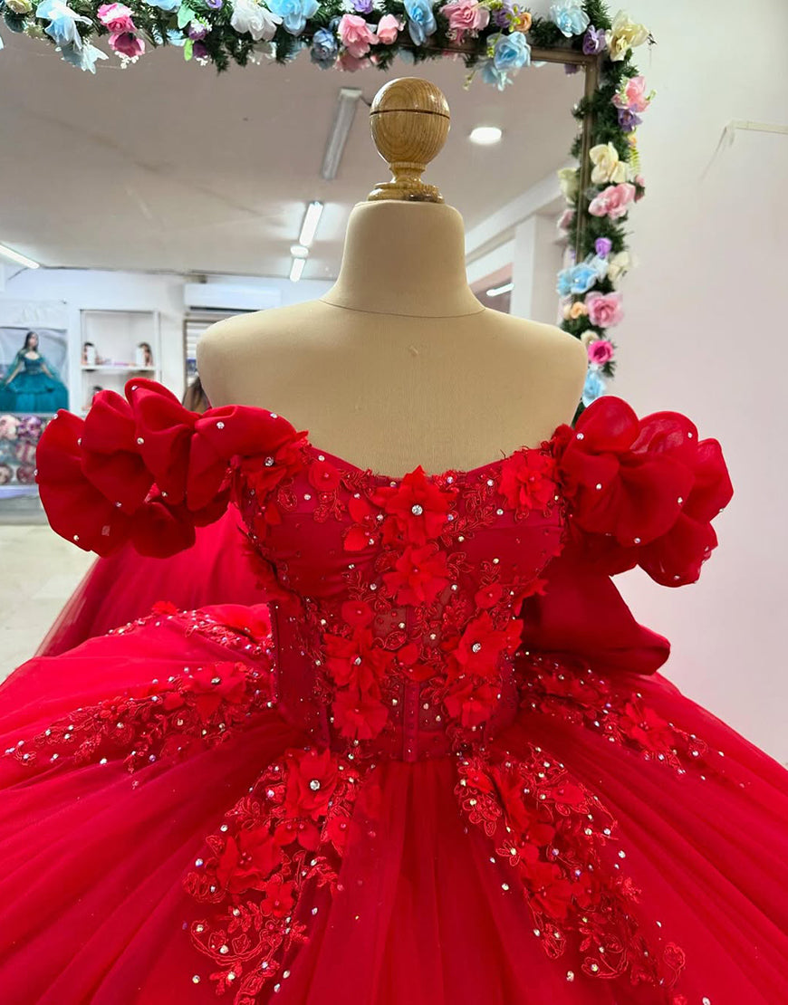 Robe de Quinceanera en tulle à épaules dénudées avec motif floral 3D rouge et nœud