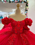Robe de Quinceanera en tulle à épaules dénudées avec motif floral 3D rouge et nœud