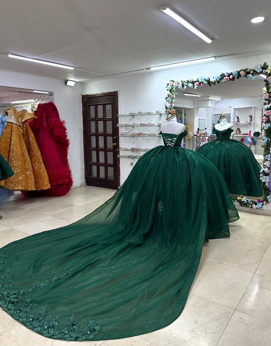 Robe de Quinceanera en tulle vert foncé avec appliques et épaules dénudées