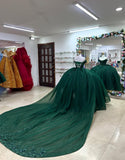 Robe de Quinceanera en tulle vert foncé avec appliques et épaules dénudées