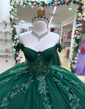 Robe de Quinceanera en tulle vert foncé avec appliques et épaules dénudées