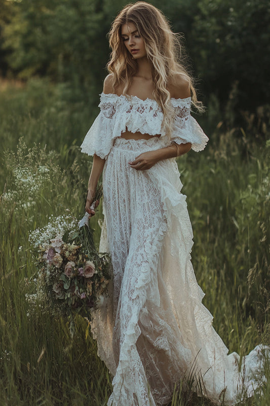 Ivoire épaule dénudée 2 pièces dentelle boho robe de mariée