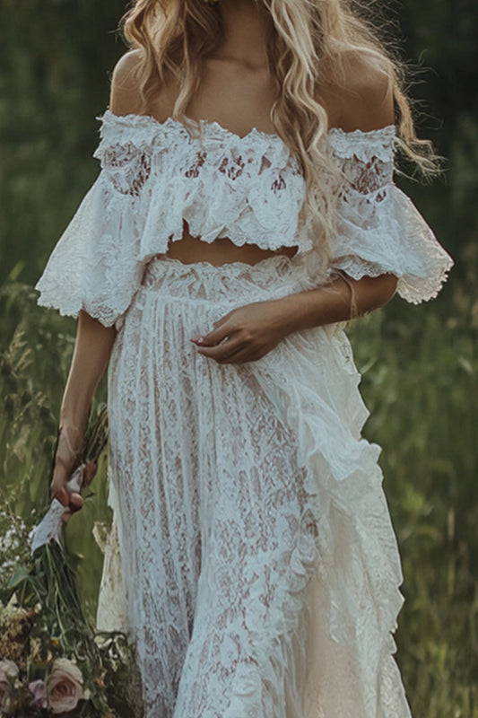Ivoire épaule dénudée 2 pièces dentelle boho robe de mariée