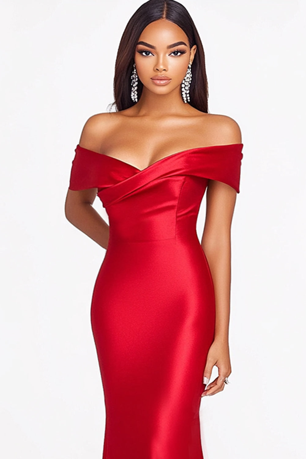 Robe formelle en satin à épaules dénudées sirène rouge