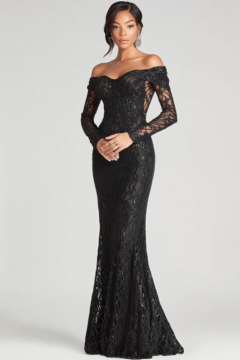 Robe formelle noire fourreau à épaules dénudées en maille et dentelle
