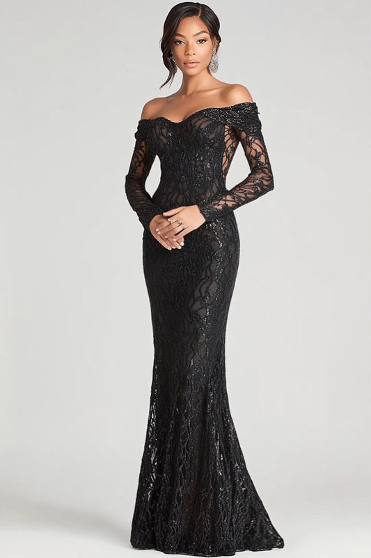 Robe formelle noire fourreau à épaules dénudées en maille et dentelle