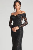 Robe formelle noire fourreau à épaules dénudées en maille et dentelle