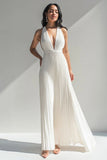 Robe longue formelle plissée à col licou dos nu ivoire en mousseline de soie