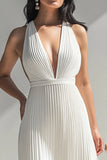 Robe longue formelle plissée à col licou dos nu ivoire en mousseline de soie