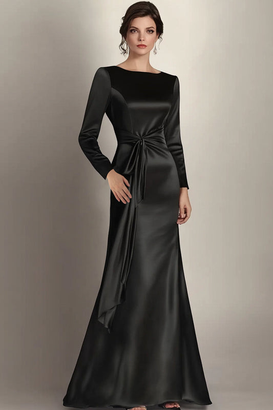Robe Mère de la mariée en satin satiné noir à manches longues