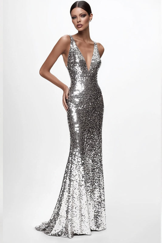 Robe formelle sirène à paillettes à col en V argenté scintillant