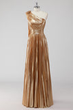 Robe formelle trapèze en satin métallisé doré