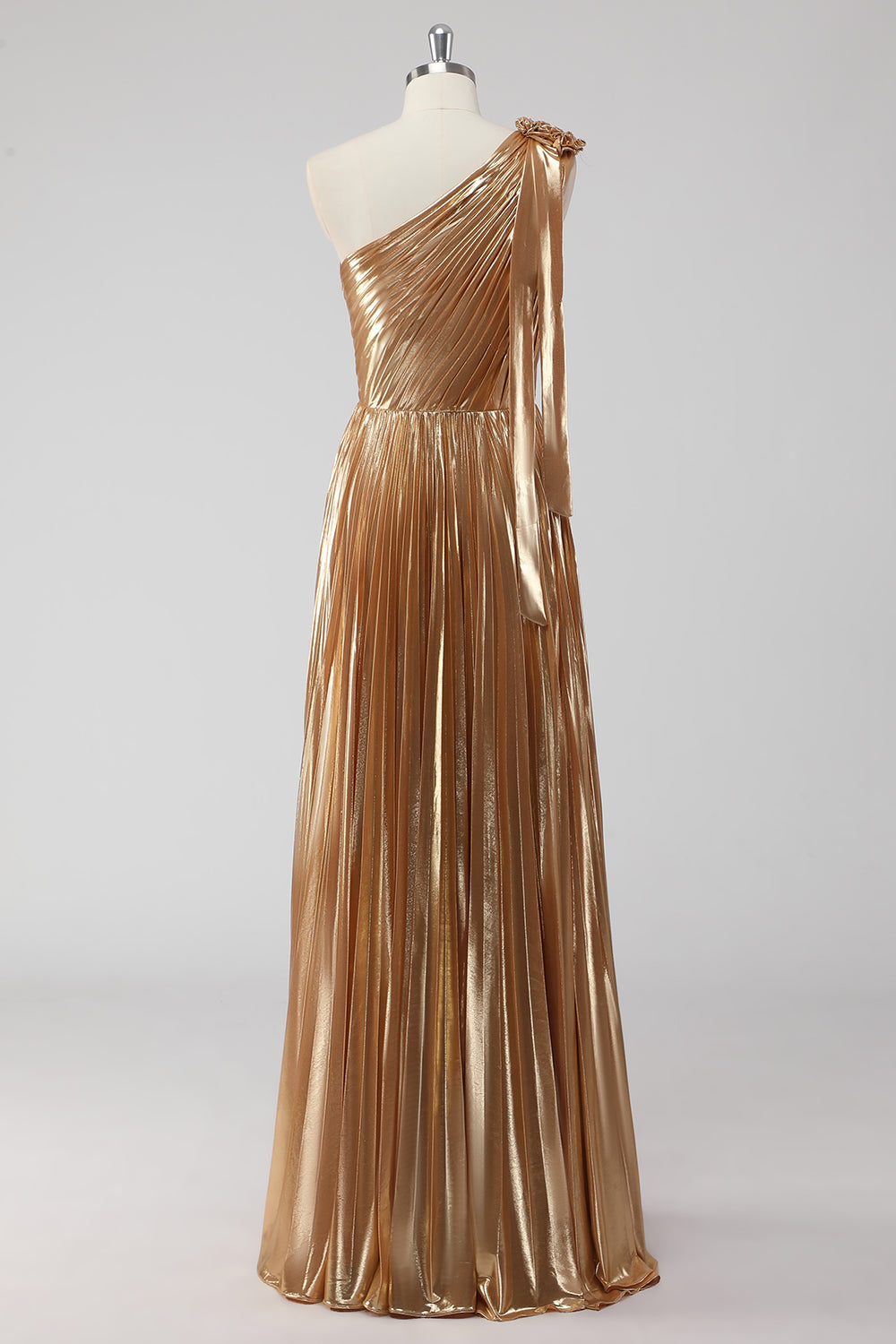 Robe formelle trapèze en satin métallisé doré