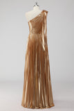 Robe formelle trapèze en satin métallisé doré