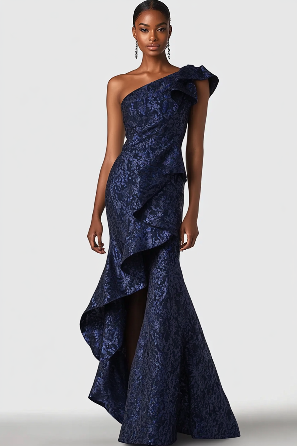 Robe formelle sirène en jacquard satiné bleu marine à une épaule à volants