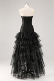 Robe formelle à volants en tulle sans bretelles noir