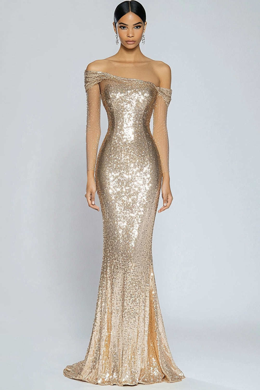 Robe longue formelle scintillante sirène champagne à paillettes à paillettes