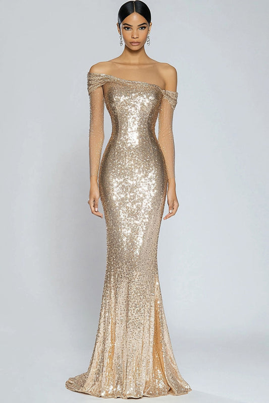 Robe longue formelle scintillante sirène champagne à paillettes à paillettes