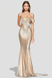 Robe formelle plissée à épaules dénudées champagne sirène scintillante avec paillettes